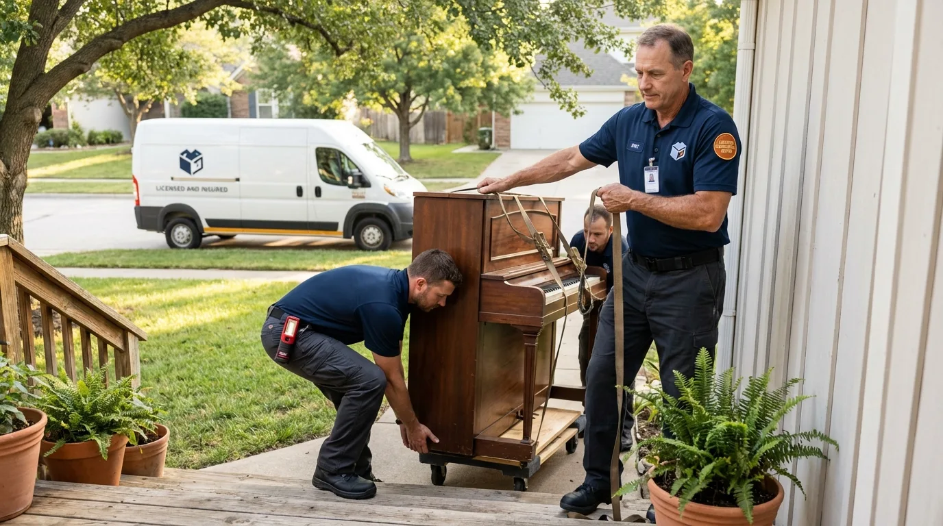 Licensed piano movers securing grand piano in Pitcairn, PA