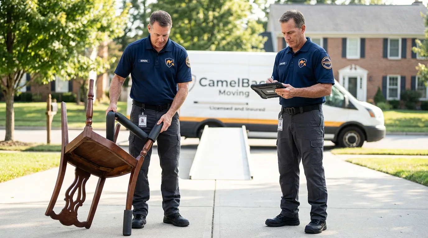 Movers inspecting furniture for damage prevention before loading in Pitcairn, PA