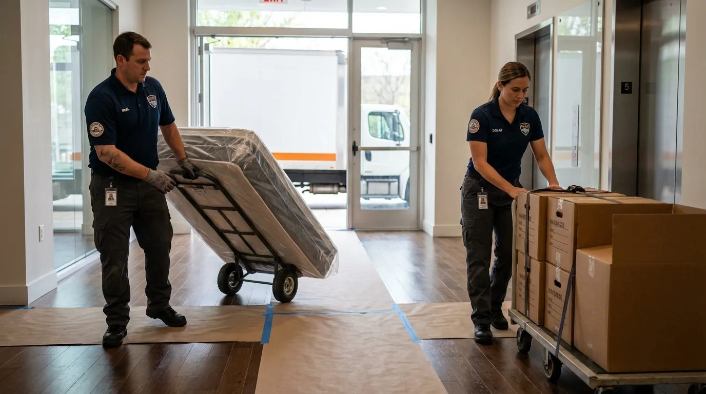 Professional apartment movers loading elevator in Pitcairn, PA